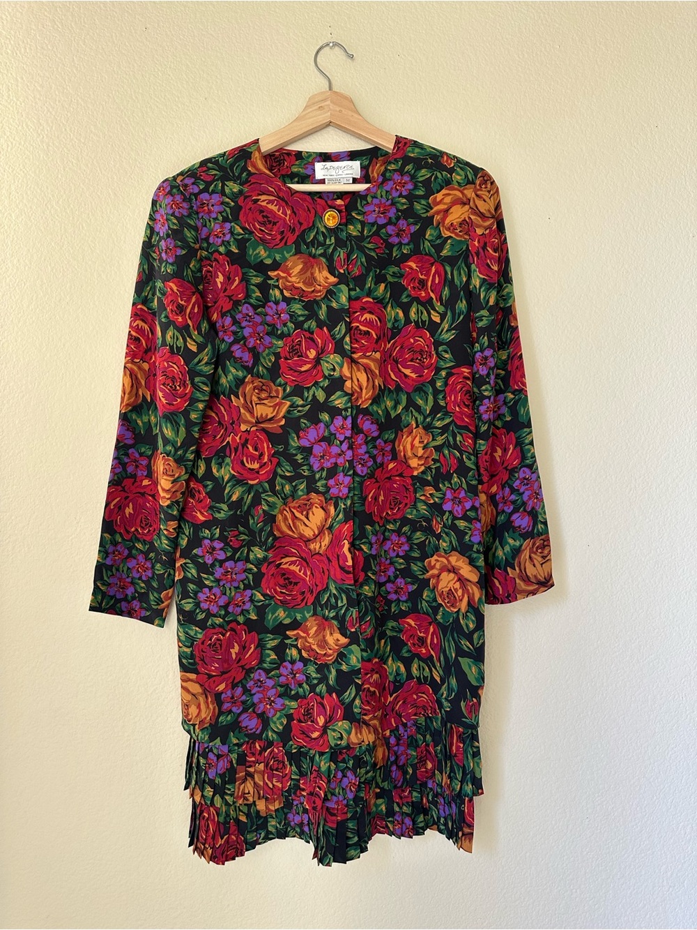 Floral Long-Sleeve Shift Dress in Black with Red & Gold Blooms